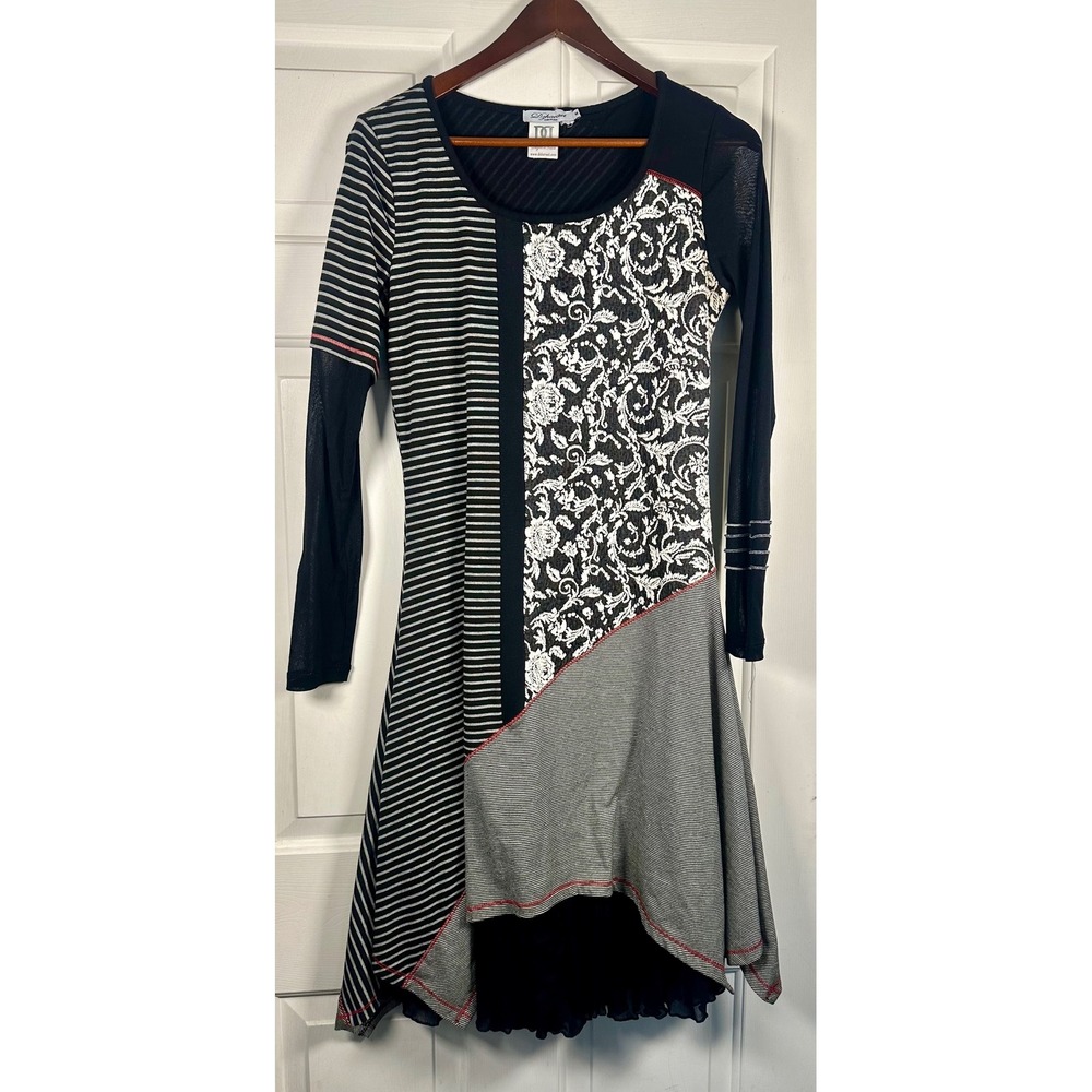 Dzhavael Couture M Mixed Print Asymmetrical Dress Black White‎ Striped Floral